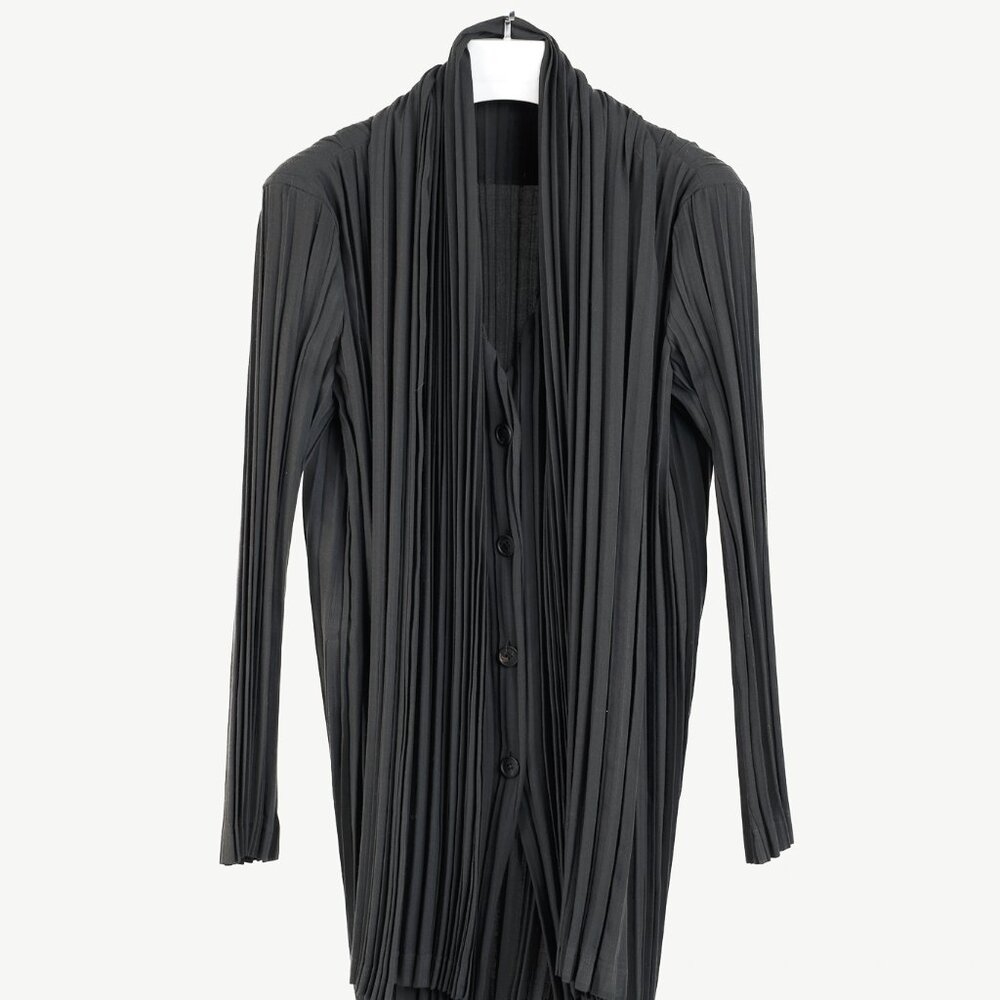 Issey Miyake Archival Rare Grey Pleated Scarf-Collar Button-Front Duster - Picture 1 of 10